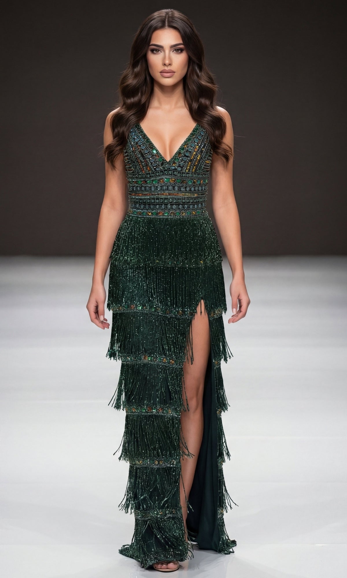 A woman wears a sleeveless dark green Jovani 38846 Beaded-Fringe Long Prom Dress featuring a V-neckline, an embellished bodice, and multiple tiers of beaded fringe with a high side slit.